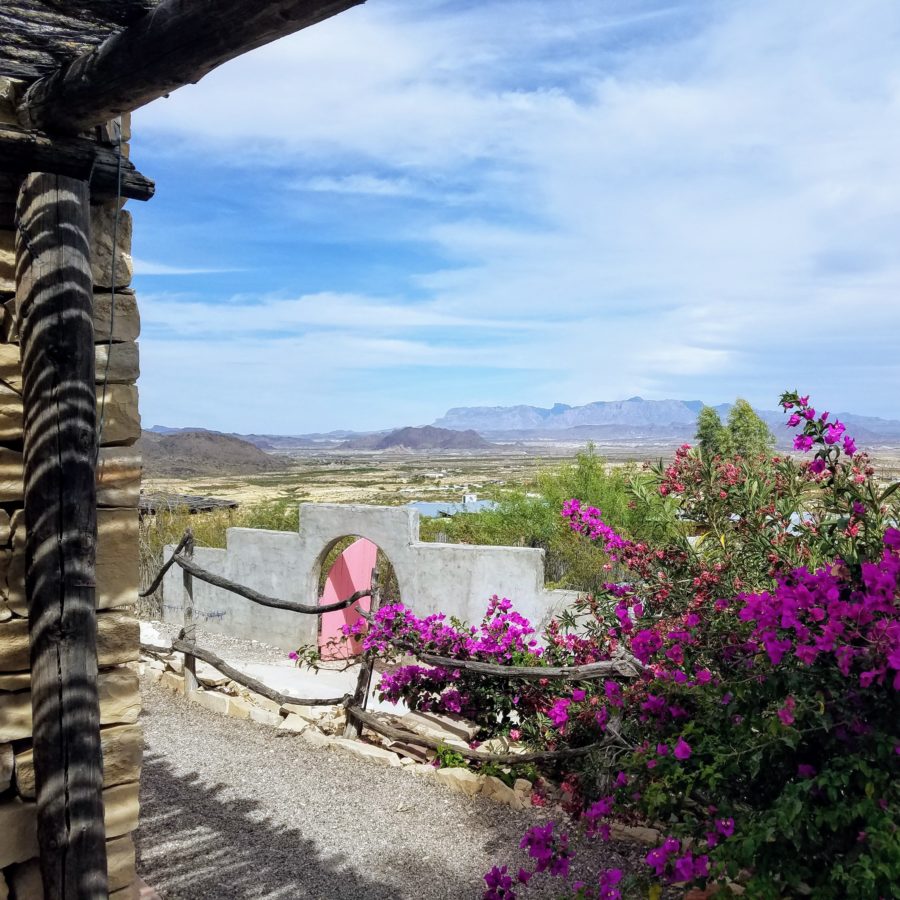 The Chisos Mountains from the shade of the courtyard at La Posada Milagro