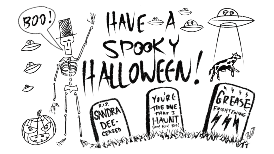 Have A Spooky Halloween drawing with skeleton, gravestones and aliens